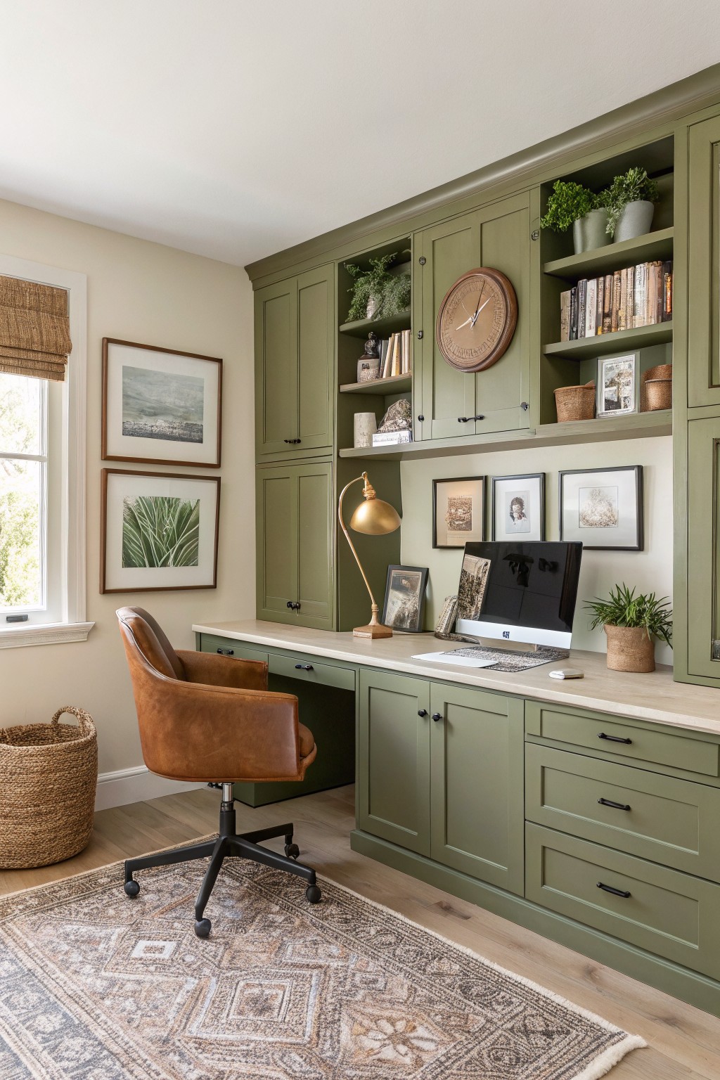 Home office with sage green built-in cabinets around a wooden desk, leather chair, plants, and artwork against cream walls