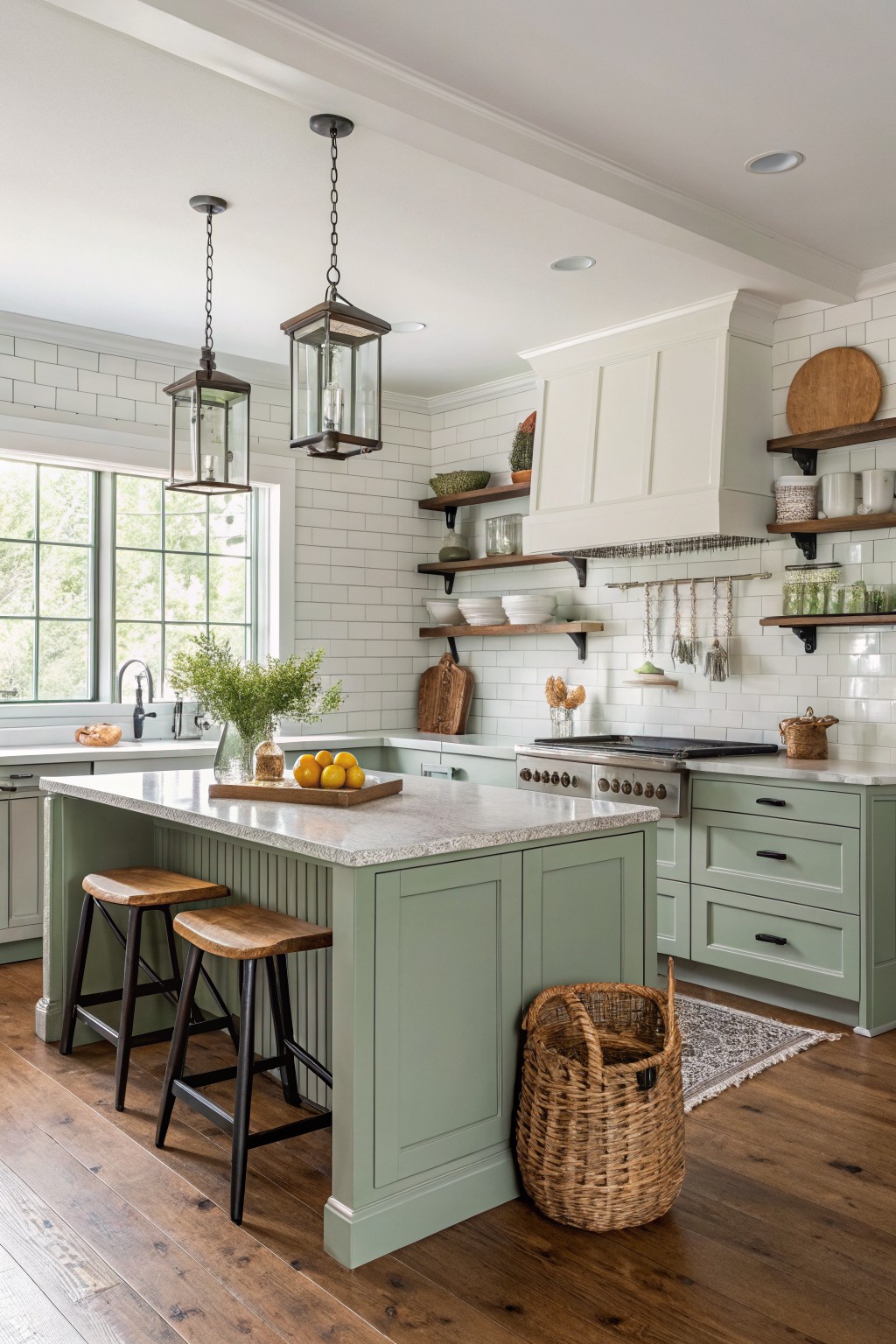 Cozy kitchen with sage green lower cabinets and island, white subway tile backsplash, wood stools, and hanging lanterns over quartz counters