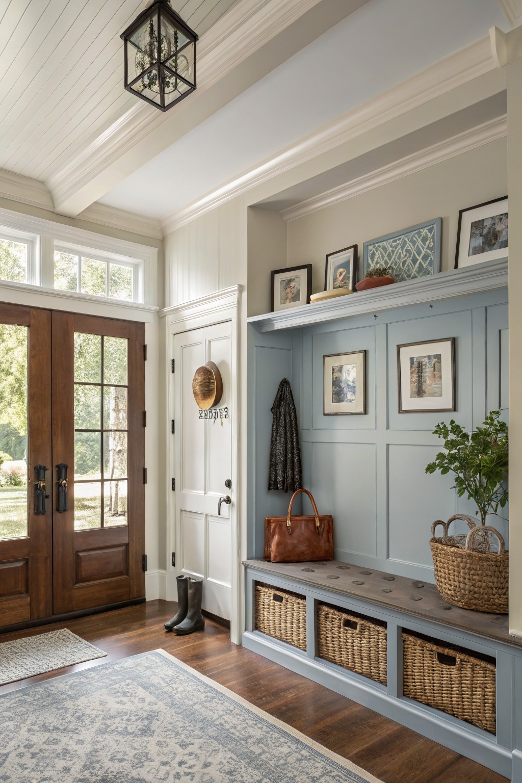 Cozy mudroom with soft blue-gray paneled walls, built-in bench with wicker baskets, wood floors, white trim, and front door visible through windows