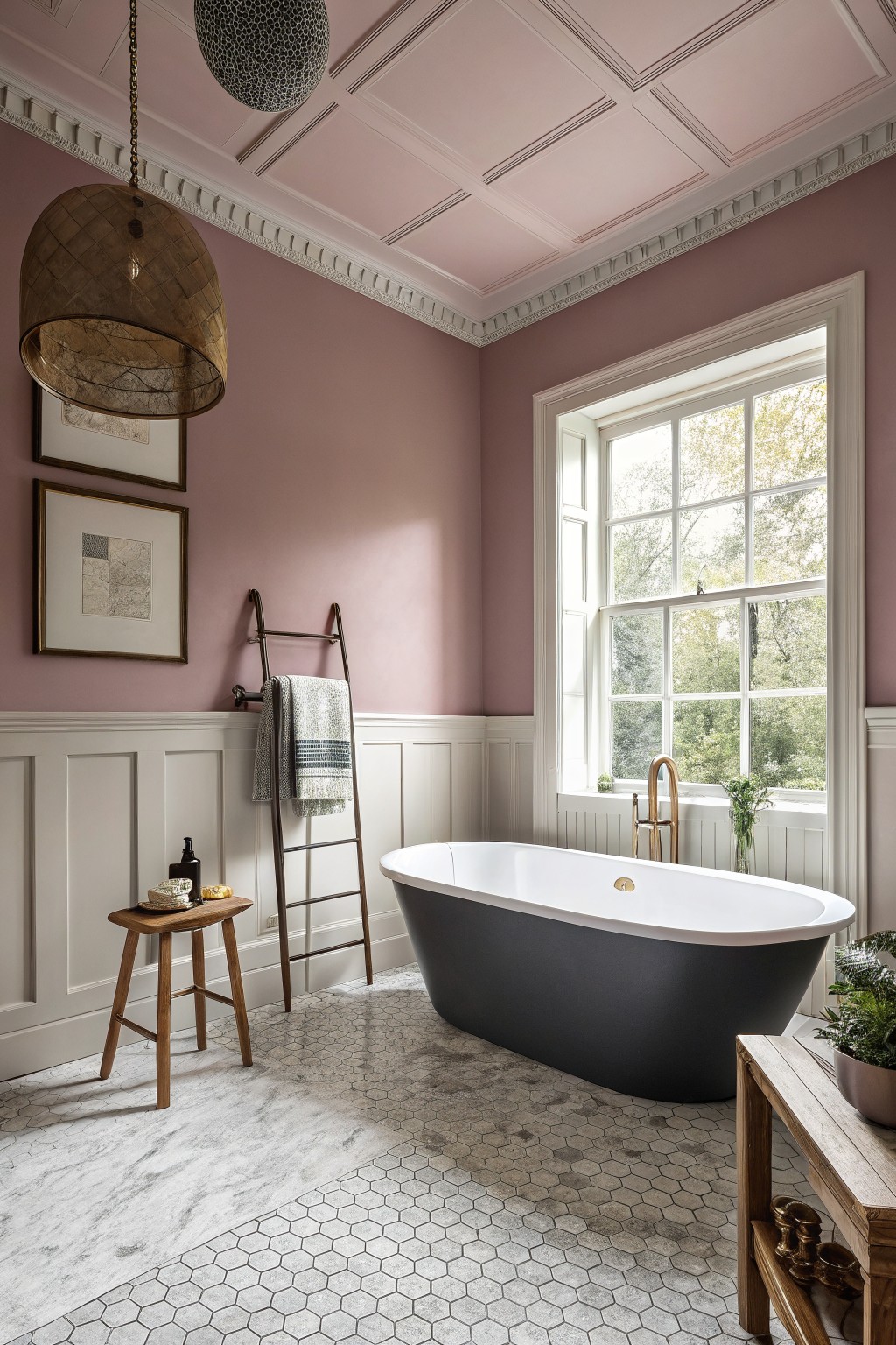 Bathroom with soft blush pink walls and ceiling, white wainscoting, black freestanding tub, brass faucet, ladder towel rack, and wood stool on hexagonal tile floor