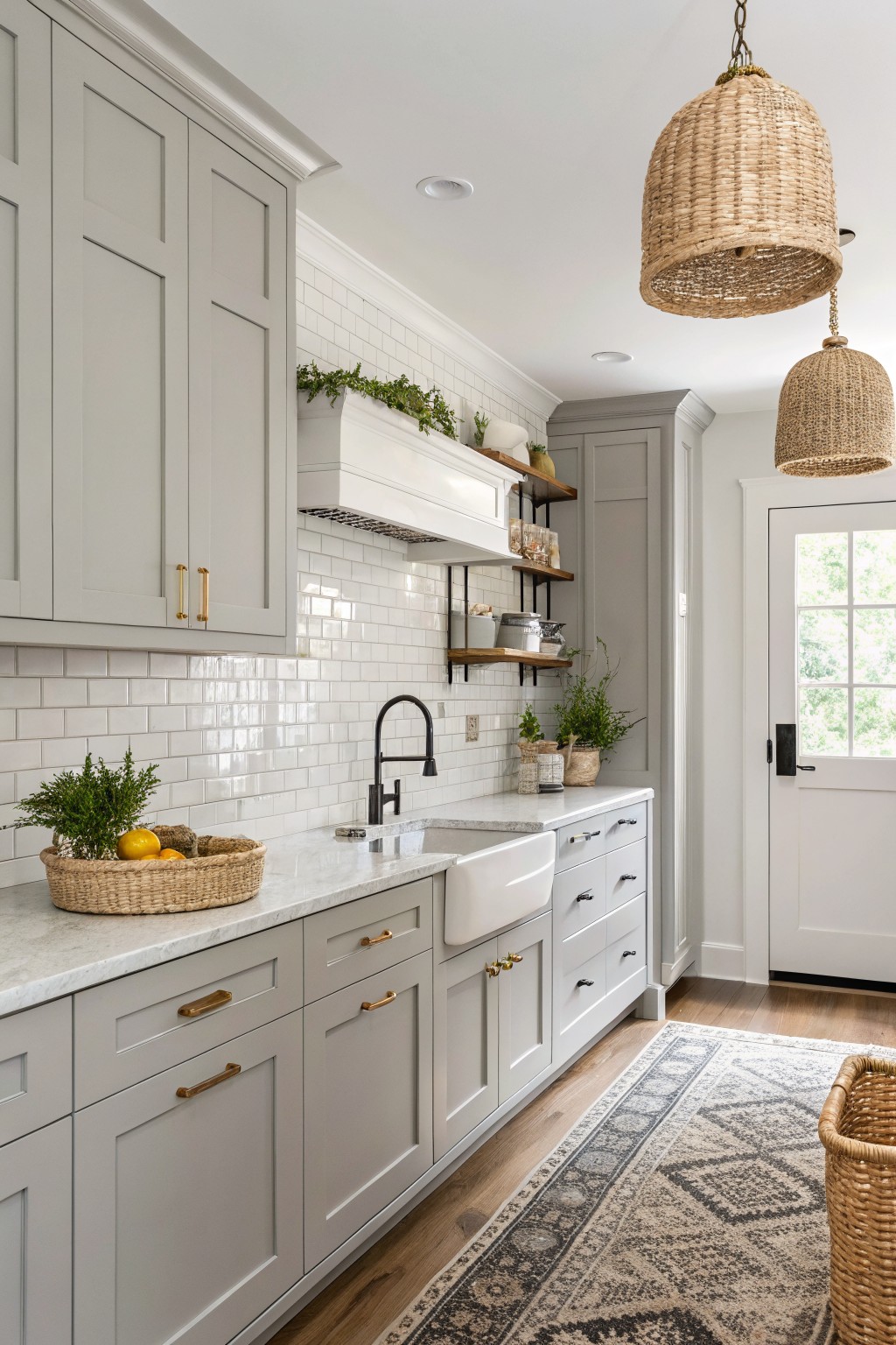 Modern kitchen with light gray shaker cabinets, white subway tile backsplash, farmhouse sink, brass pulls, and natural wood floors.