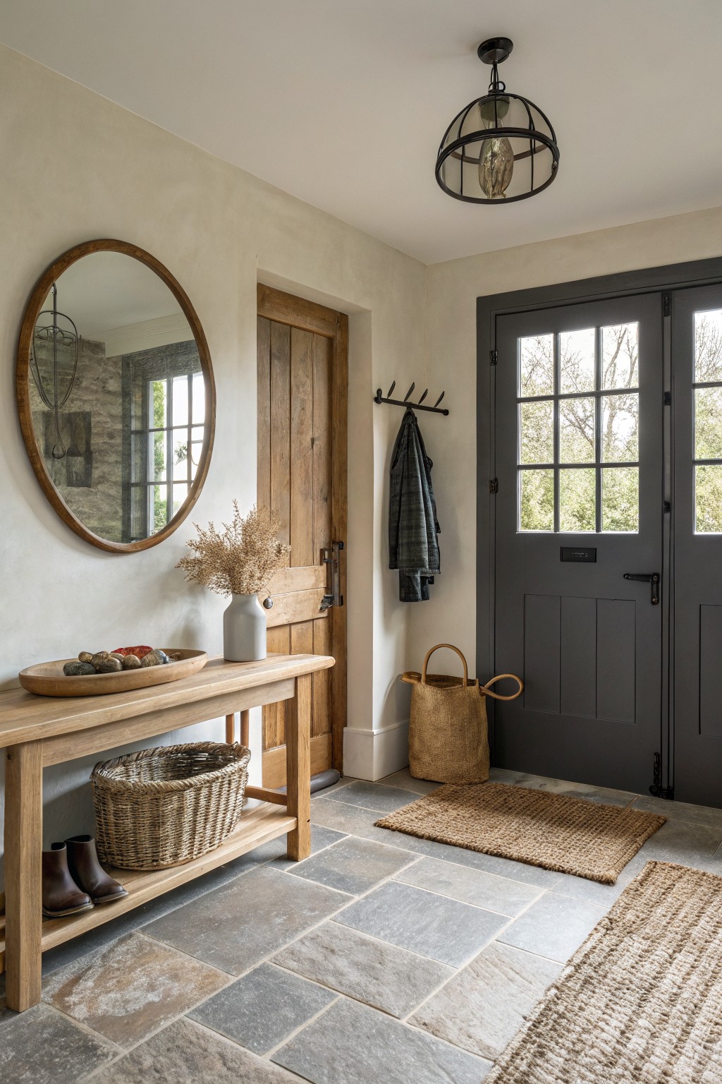 Entryway with soft greige plaster walls, wooden bench holding baskets and boots, large round mirror, potted dried grass, coat hooks, and dark gray double front doors on slate tile floor