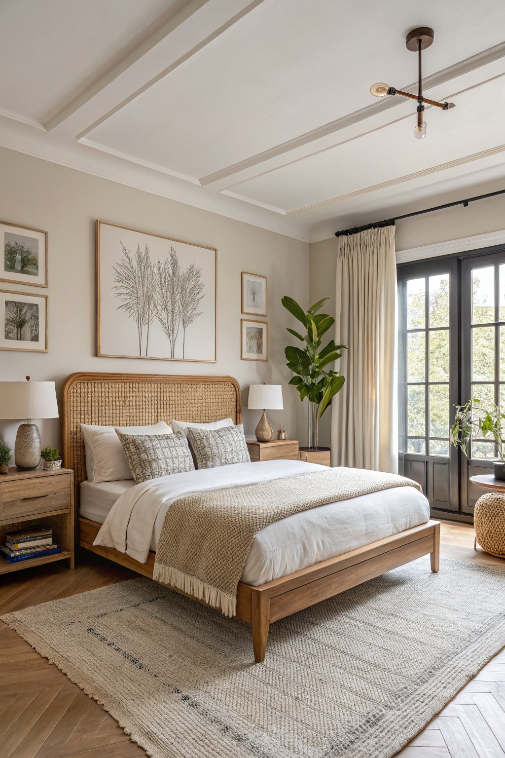 Bedroom with soft greige walls, rattan headboard on wooden bed, neutral linens, potted plants, and French doors with sheer curtains