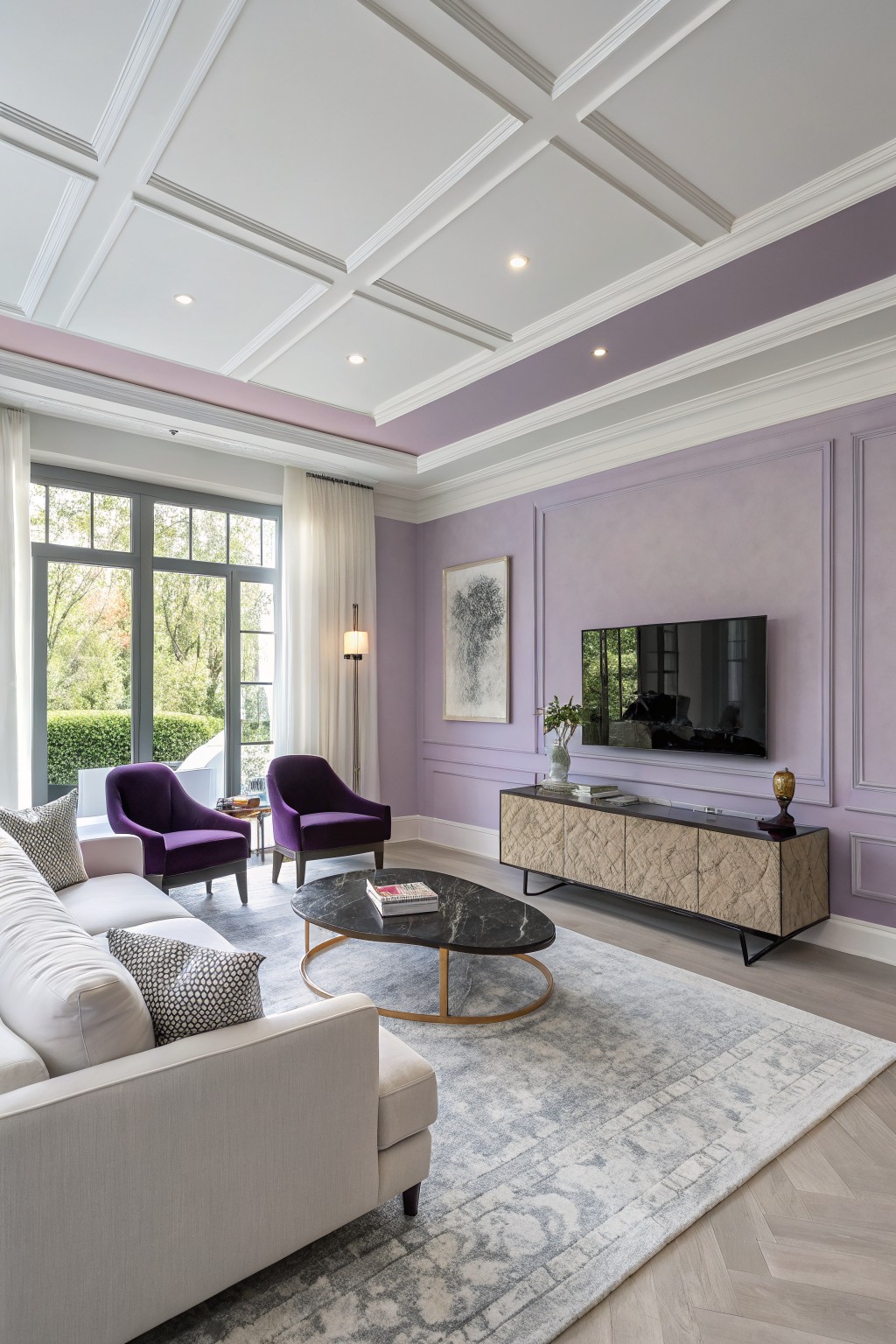 Elegant living room featuring soft lilac walls with white trim, purple velvet chairs, neutral sofa, and large window overlooking greenery