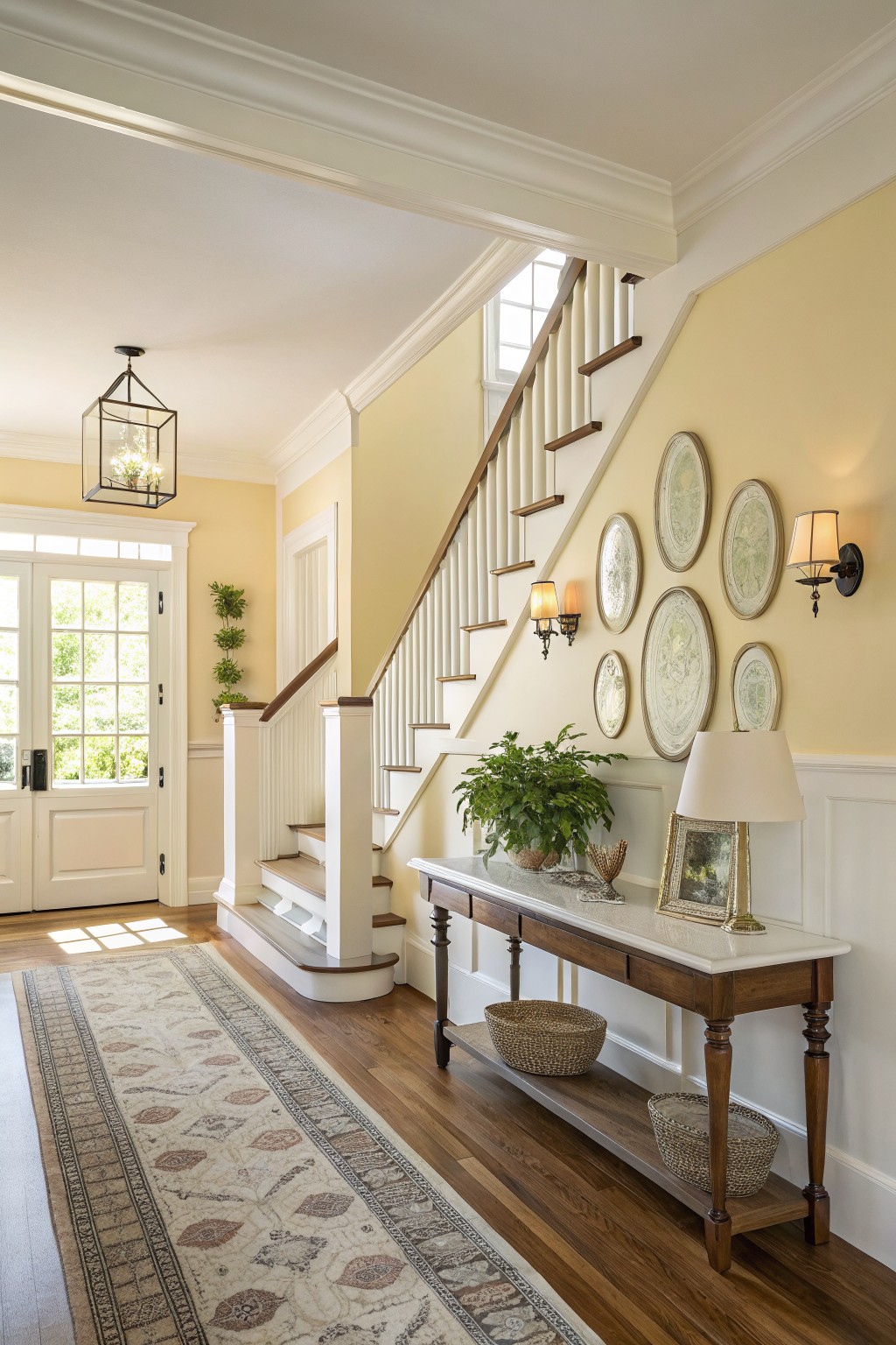 Bright entryway with soft pale yellow walls, white staircase, wooden console table with plants and baskets, and wall sconces