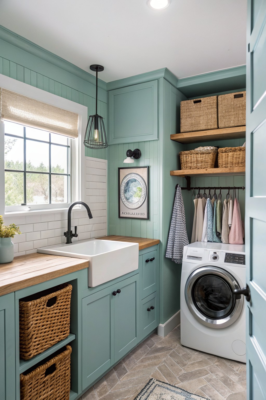 Cozy laundry room featuring soft seafoam green shiplap walls and cabinets, white farmhouse sink, wood countertop, hanging linens, and stacked washer dryer