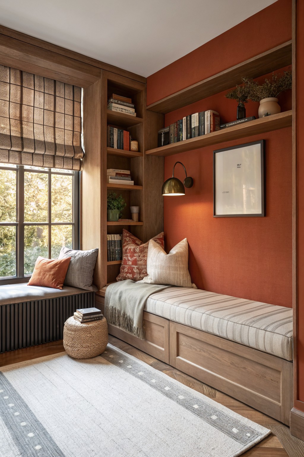 Cozy reading nook featuring warm terracotta walls with wood bookshelves, pillows on a window bench, and soft natural light