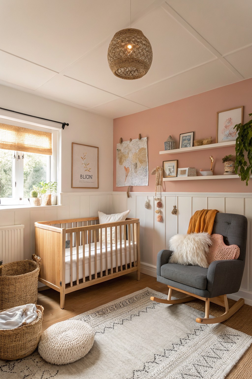 Cozy baby nursery with blush pink upper walls, white wainscoting, wooden crib, gray rocking chair with pillows and blanket, rattan baskets, woven rug, and potted plants near window