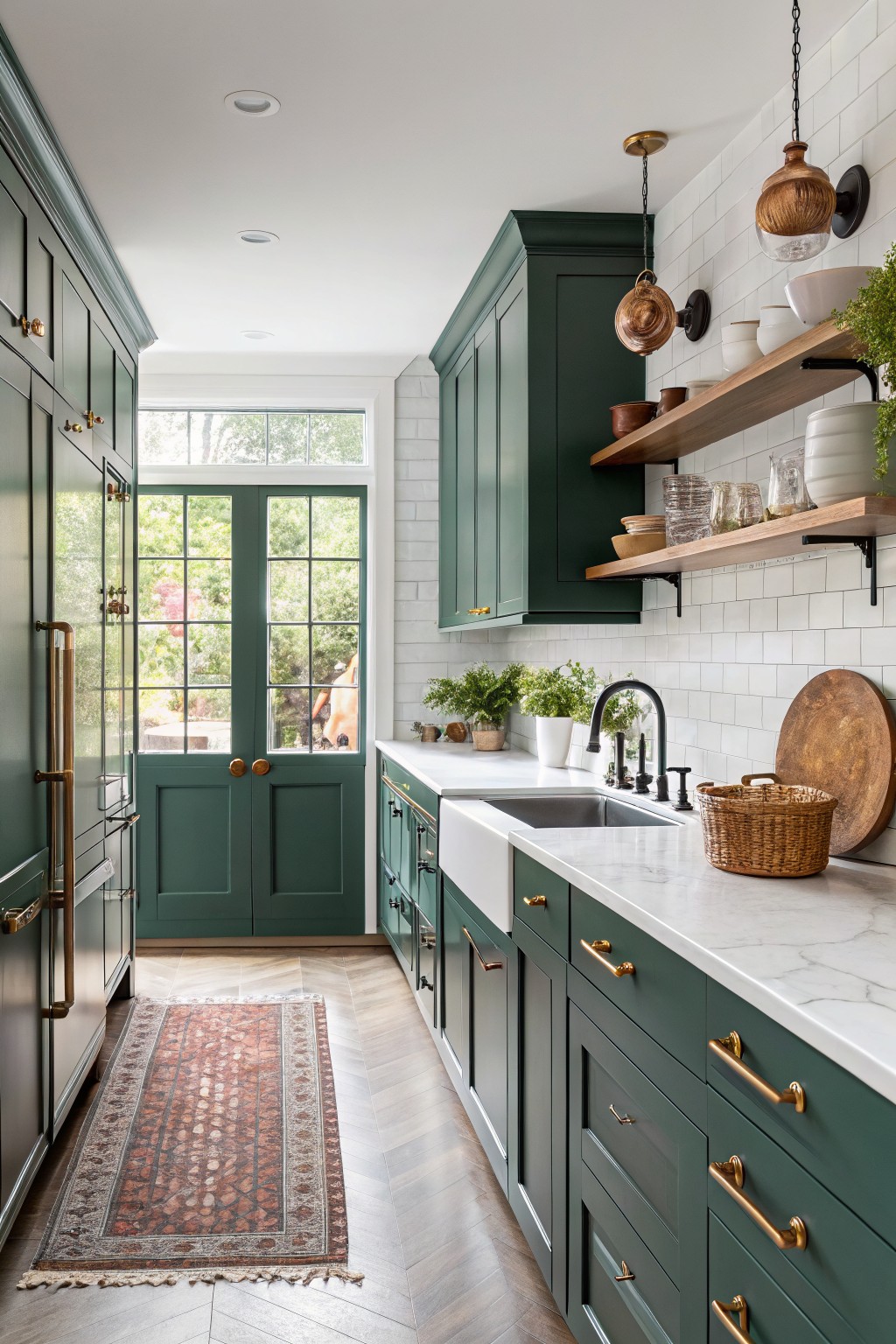 Narrow galley kitchen featuring deep green painted cabinets, white subway tile backsplash, marble countertops, brass pulls, and a red runner rug on herringbone wood floors