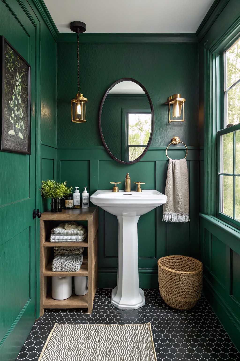 Small powder room with deep green paneled walls, white pedestal sink, gold fixtures, black hex floor tiles, and woven accents