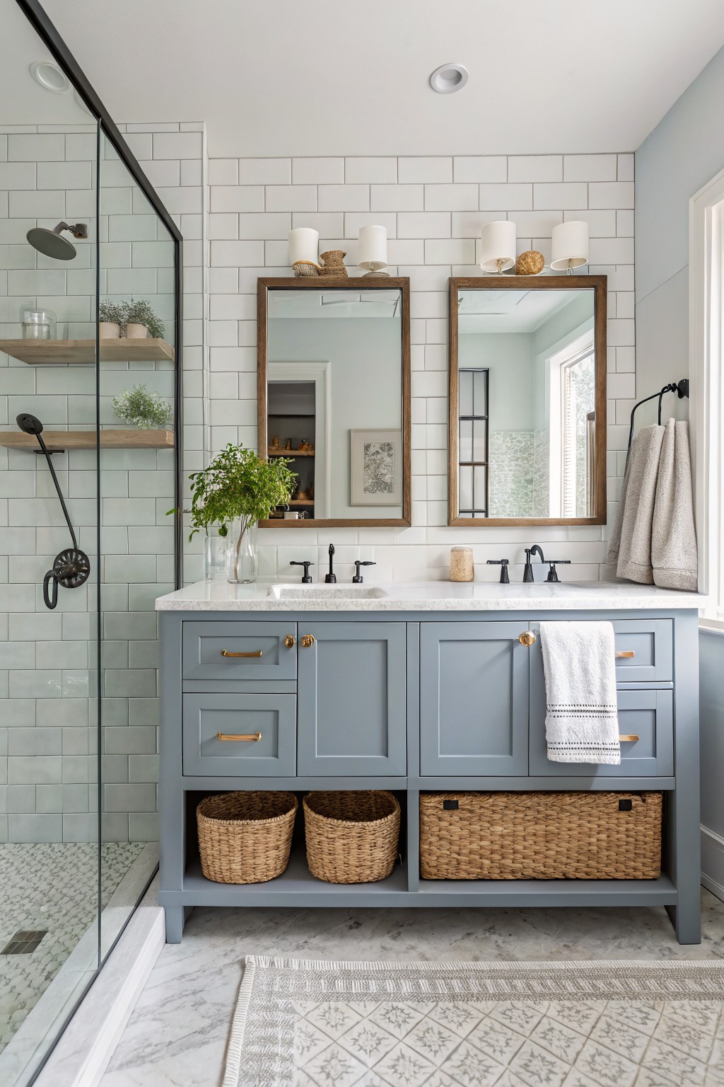 Bathroom vanity painted pale blue with white subway tile walls, wood-framed mirrors, and woven baskets underneath