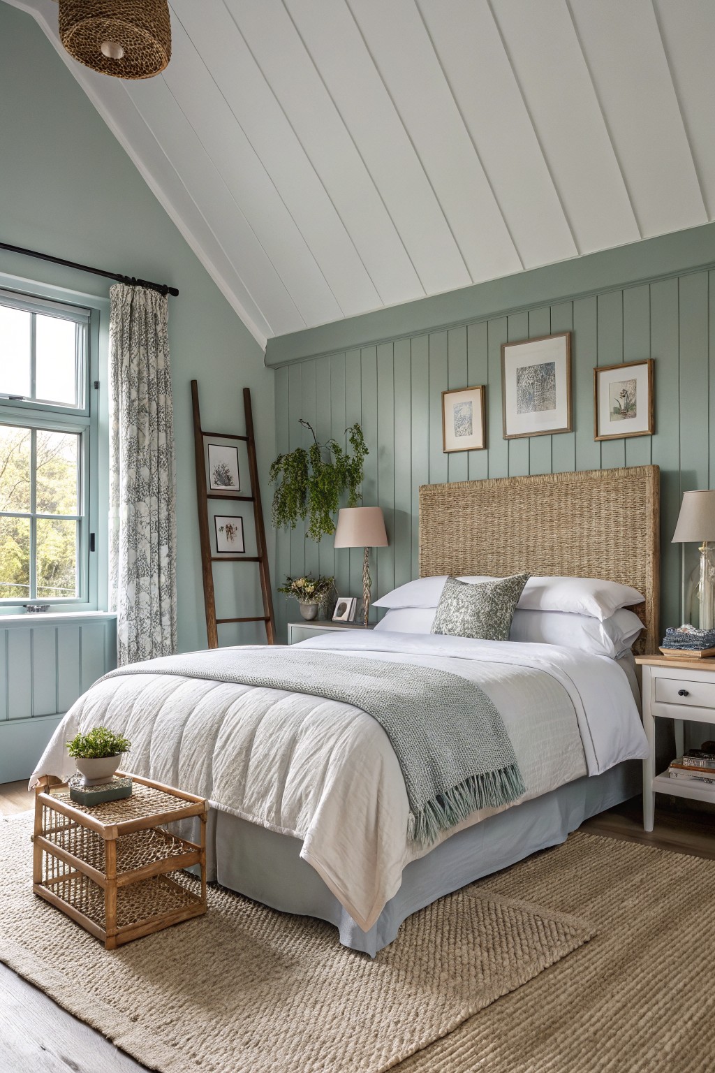 Bedroom with pale sage green paneled walls, rattan headboard, white bedding, wood ladder shelf, and natural textures on a seagrass rug