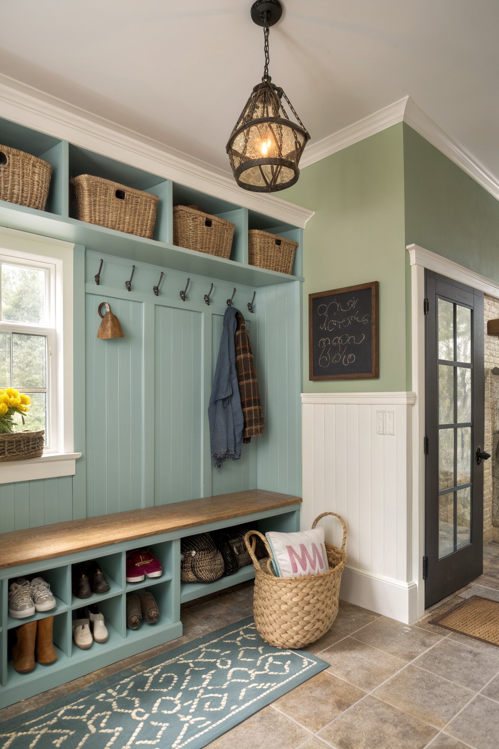 Mudroom with soft blue-green paneled walls, wood storage bench, coat hooks, woven baskets, and a chalkboard sign