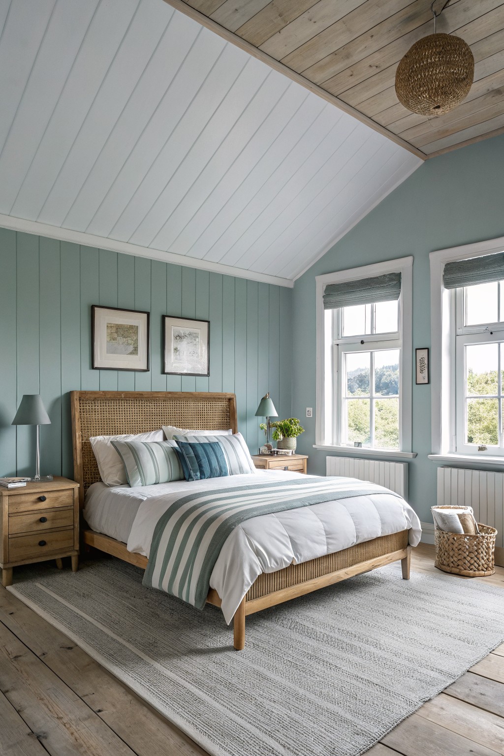 Cozy bedroom featuring soft blue-green shiplap walls paired with a rattan headboard bed, white striped bedding, wood nightstands, and large windows overlooking greenery