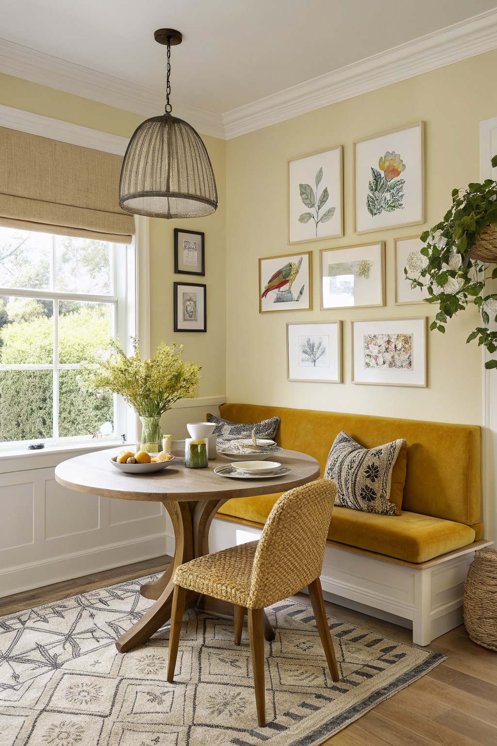 Breakfast nook with soft pale yellow walls, yellow velvet banquette seating, round wood table set with fruit bowl and dishes, botanical wall art, and window light