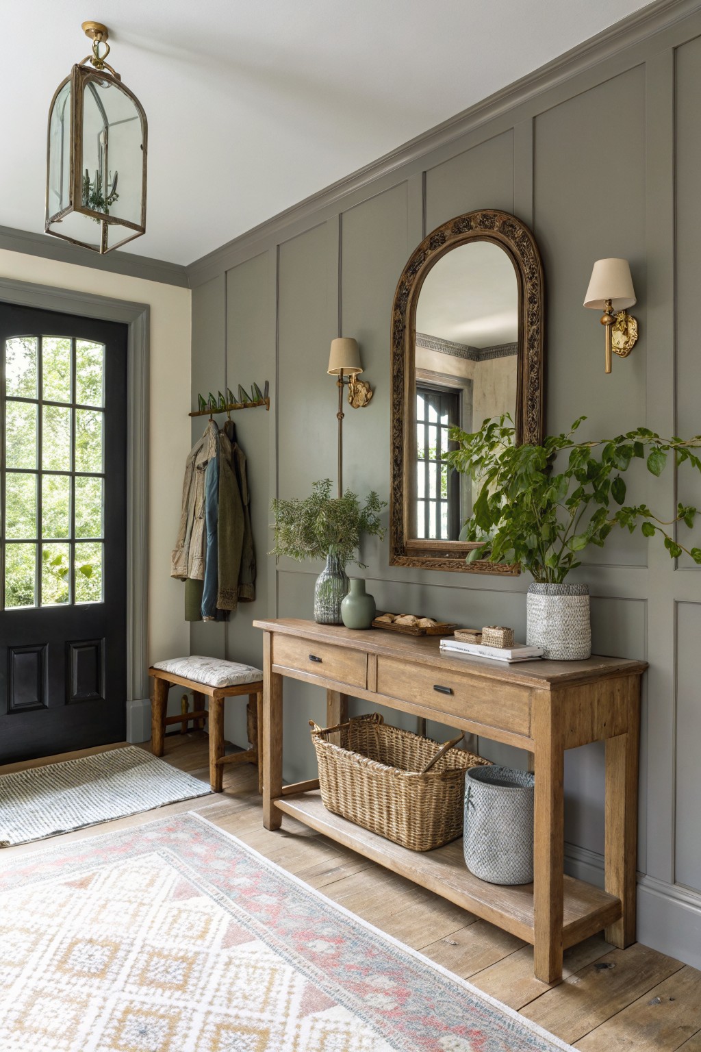Cozy entryway featuring soft sage green board-and-batten walls, wooden console table with baskets, ornate gold mirror, and black front door