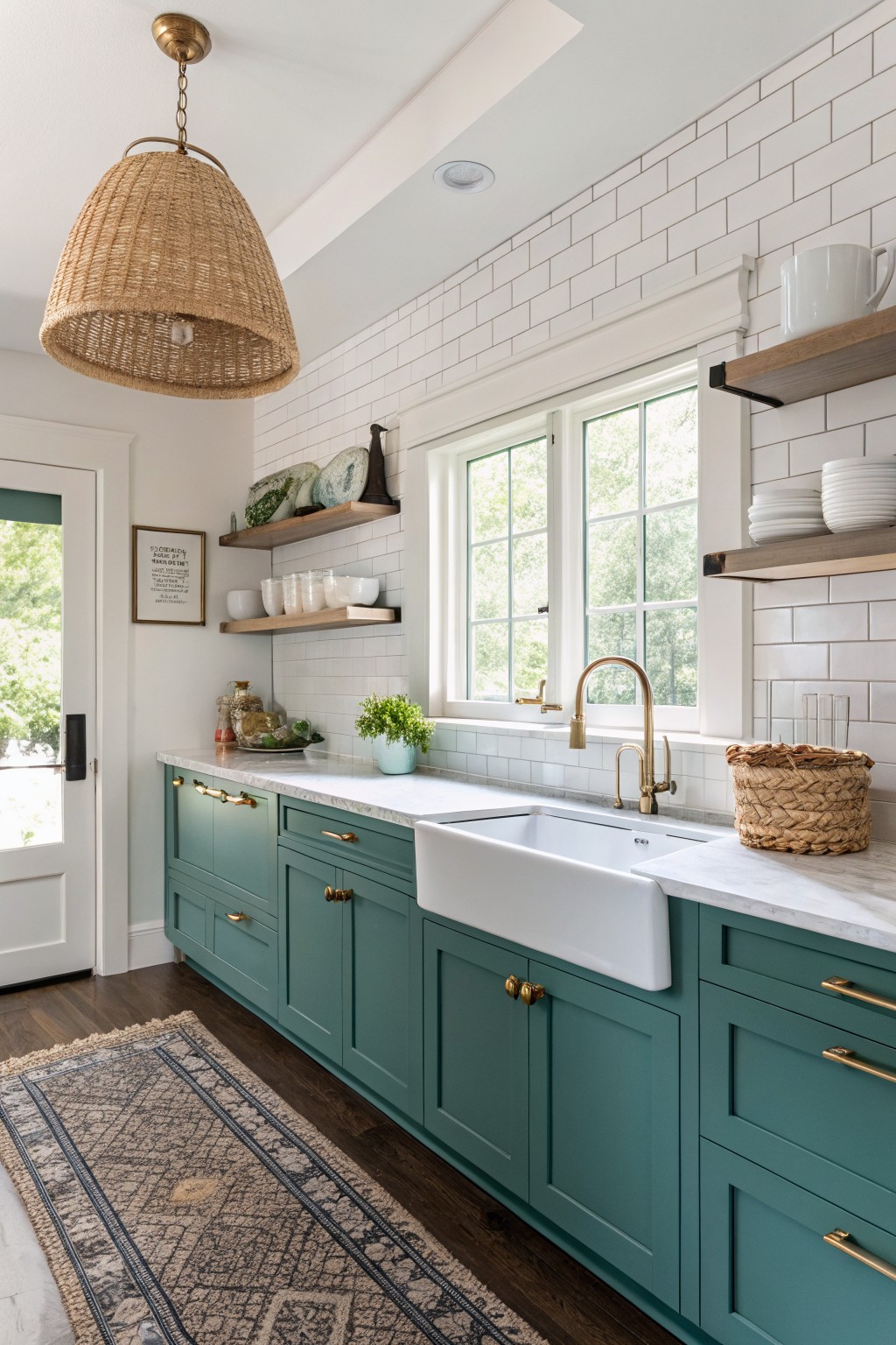Bright kitchen featuring deep teal lower cabinets under white subway tile backsplash with brass hardware and farmhouse sink
