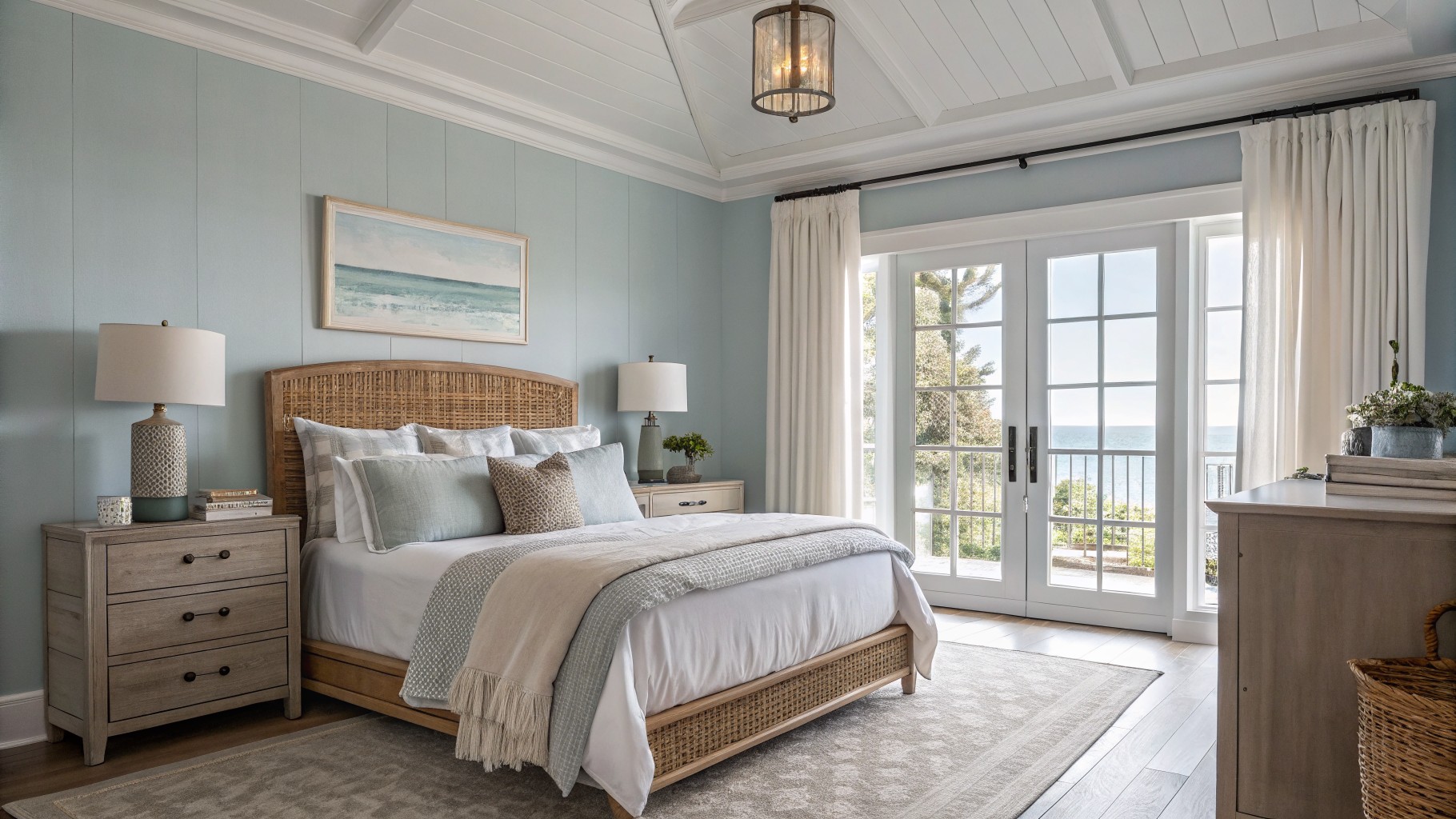 Bedroom with soft blue-gray shiplap walls, rattan bed, white bedding, wood nightstands, and large windows overlooking water