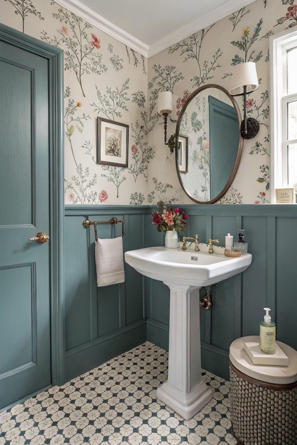 Cozy powder room featuring muted teal wainscoting on lower walls, cream botanical wallpaper above, white pedestal sink with brass faucet, round mirror, and woven stool