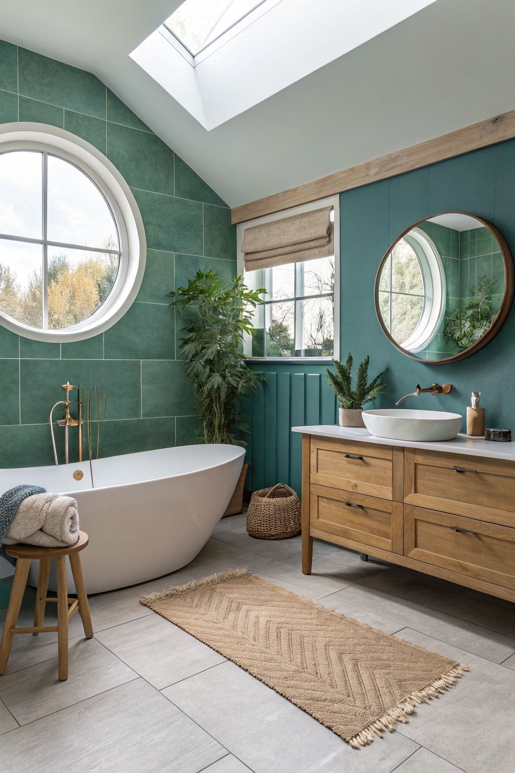 Serene bathroom featuring muted teal tiled and painted walls, freestanding white tub, oak wood vanity with round mirror, plants, and natural light from skylight and window
