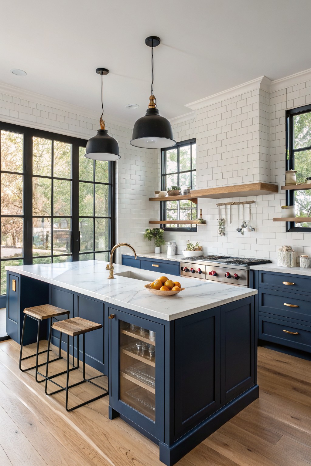 Kitchen island in deep navy cabinets with white marble top, gold faucet, and wood bar stools against white subway tile backsplash