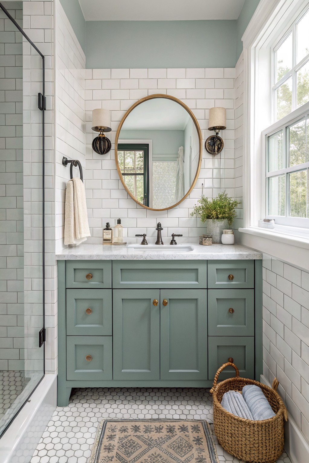 Bright bathroom featuring sage green shaker-style vanity cabinets, white subway tile walls and shower, gold-framed round mirror, brass sconces, and hex tile floor with woven basket nearby