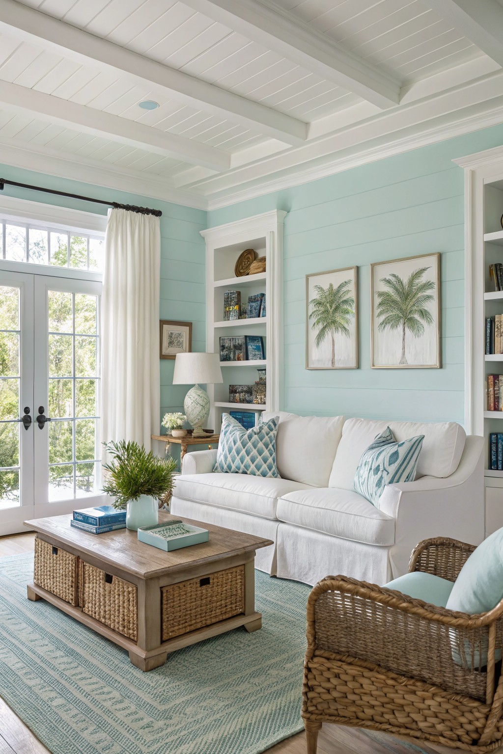 Serene living room featuring soft blue-green shiplap walls, white sofa with blue pillows, wood coffee table, and rattan chair