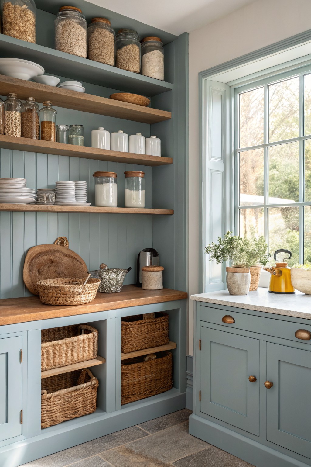 Soft blue kitchen cabinets and paneled walls with open wood shelving stocked with glass jars, plates, and woven baskets, beside a sunlit window
