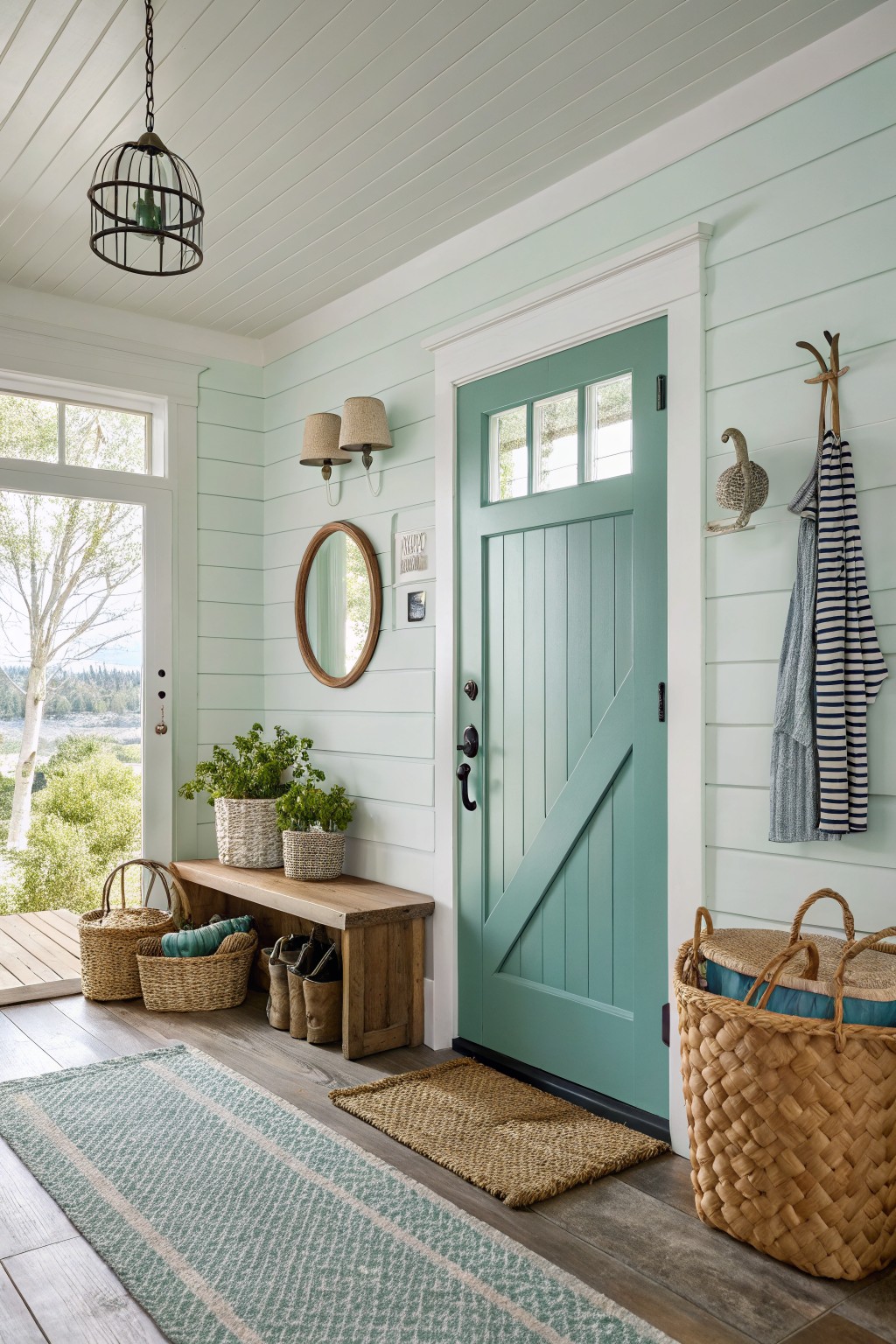 Pale seafoam blue-green walls framing a teal door in a light-filled entry with wood bench and plants
