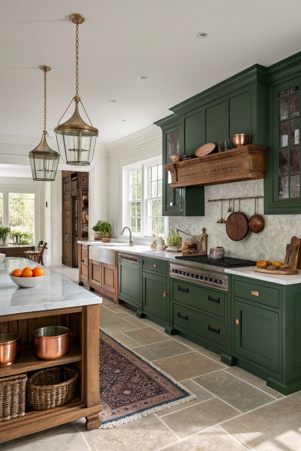 Classic kitchen with deep green cabinets, white marble island, brass lanterns, copper cookware, and wood accents