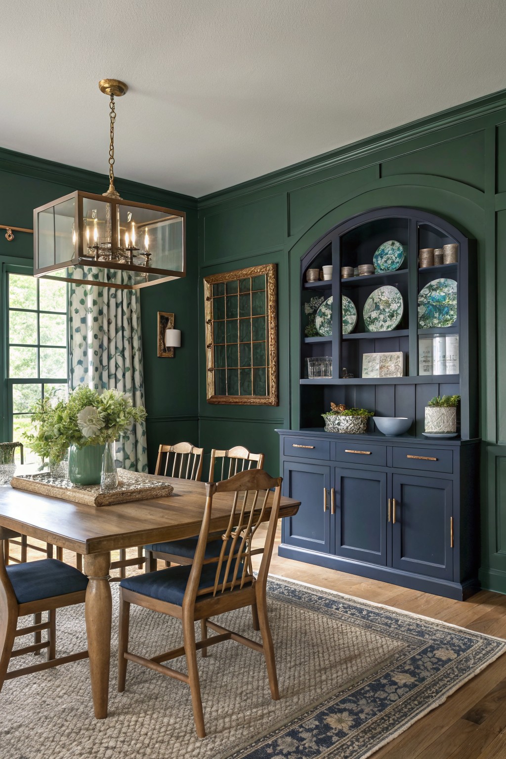 Classic dining room featuring deep green paneled walls, a wooden table with chairs, navy arched cabinetry, and brass chandelier.