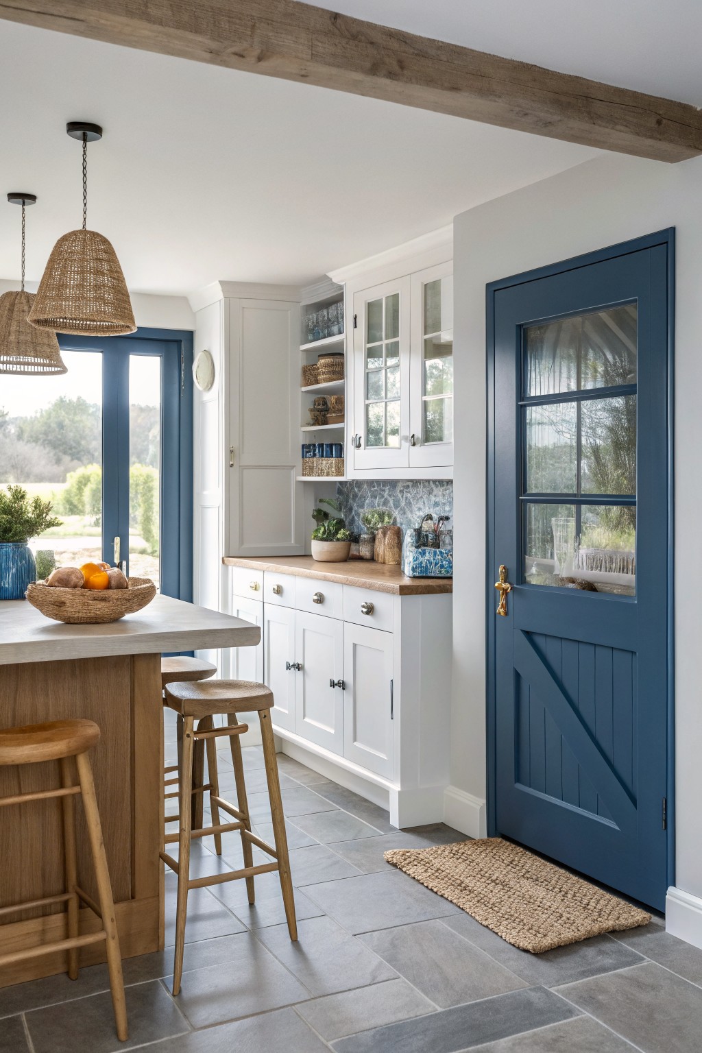 Kitchen featuring deep navy blue paneled doors, white cabinetry, wood island with stools, and rattan accents on gray tile floor