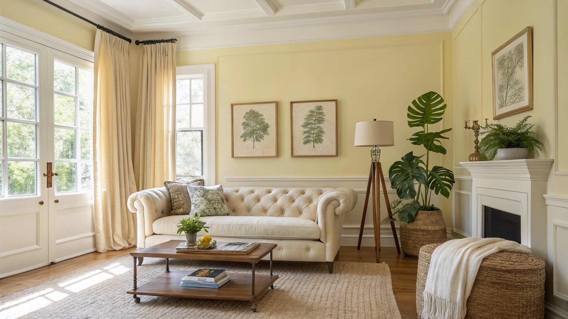 Living room corner with pale yellow walls, cream tufted sofa, wooden coffee table stacked with books, potted fiddle leaf fig, botanical prints, and French doors letting in light