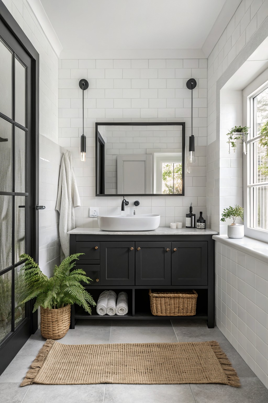 Modern bathroom featuring matte black cabinets against white subway tile walls, with a white vessel sink and hanging plants