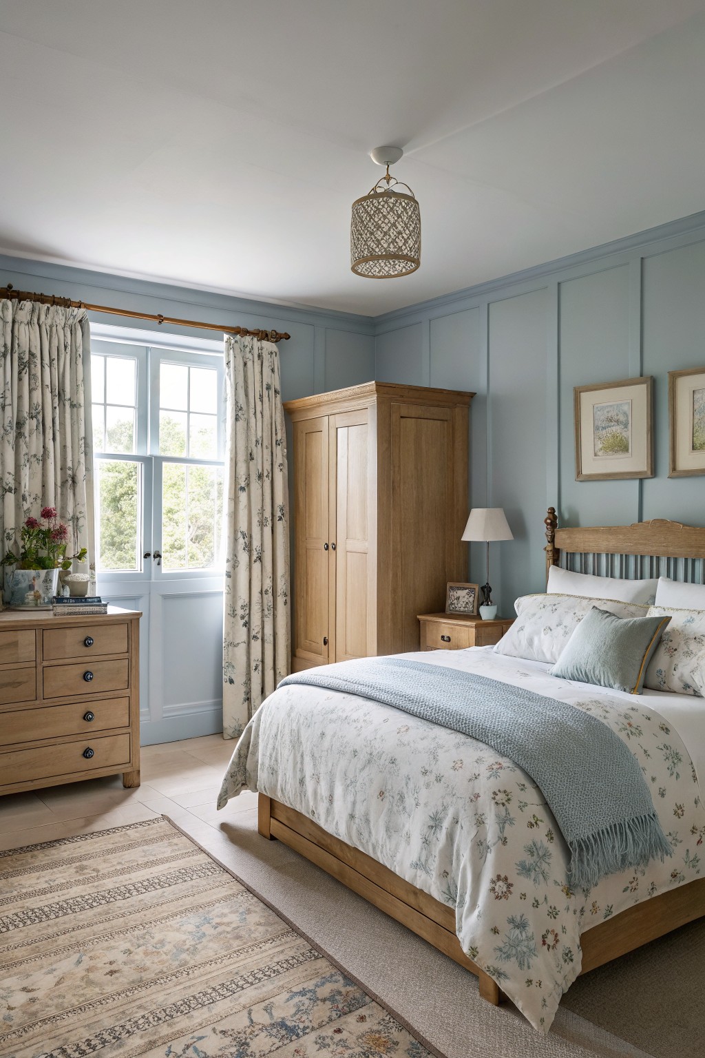 Cozy bedroom with pale blue-gray paneled walls, oak bed and furniture, floral bedding, and window overlooking trees