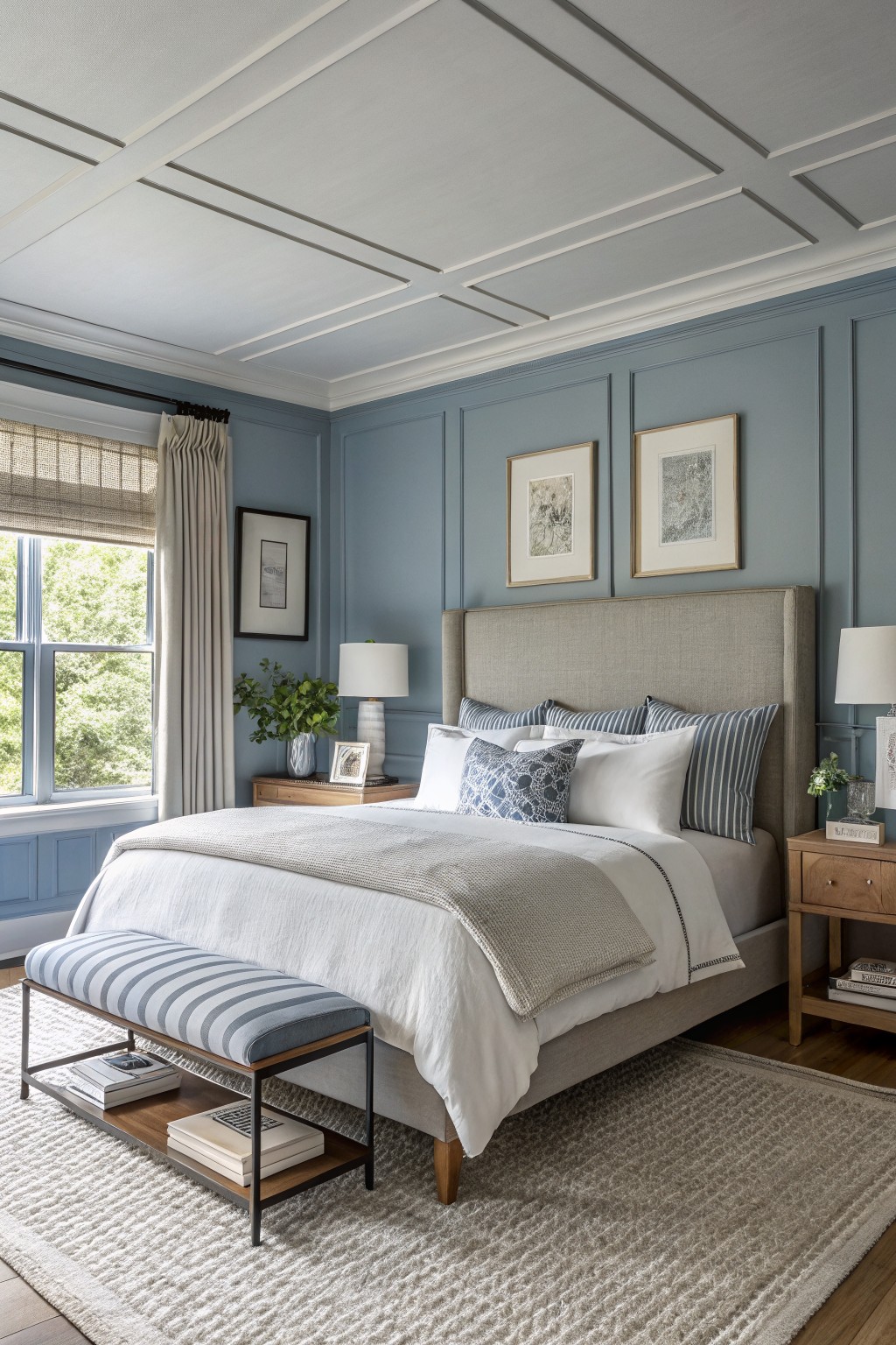 Bedroom interior with pale blue paneled walls, tufted headboard bed dressed in white linens and blue pillows, wood nightstands, and woven bench on beige rug