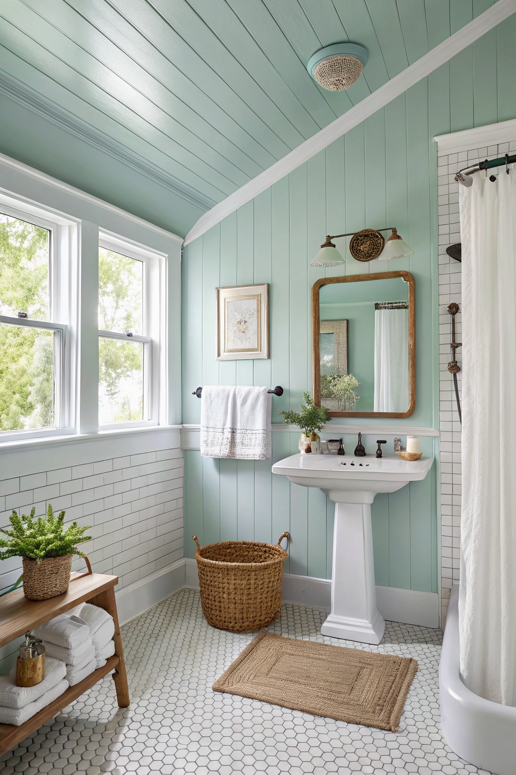 Cozy bathroom with pale mint green painted plank walls and ceiling, white pedestal sink, subway tile, and hexagon floor tile