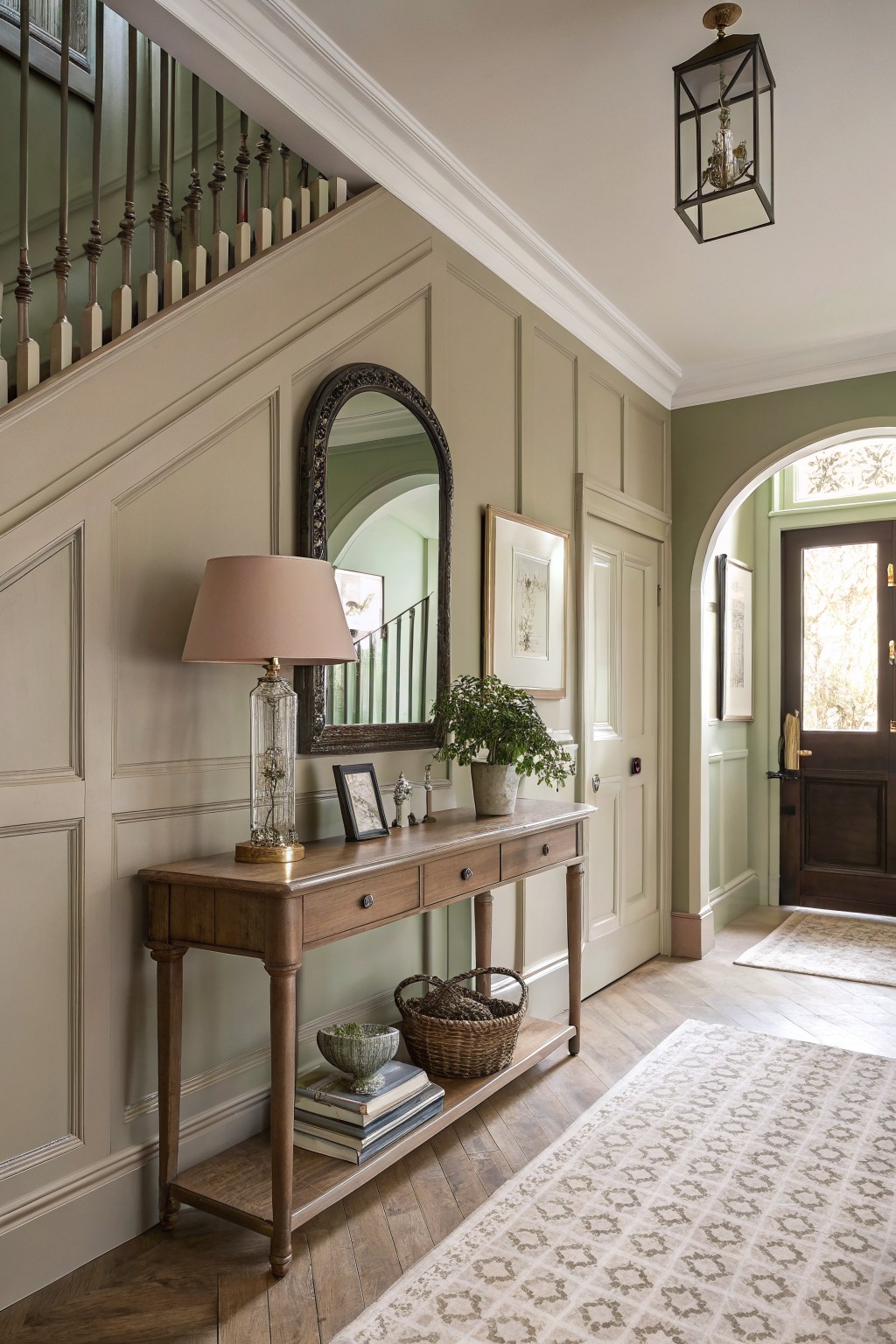 Hallway with pale sage green paneled walls, wood console table, and staircase railing