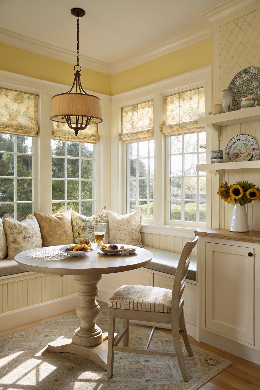 Cozy window seat nook with pale yellow walls, round pedestal table set for tea, floral cushions, and sunny garden view