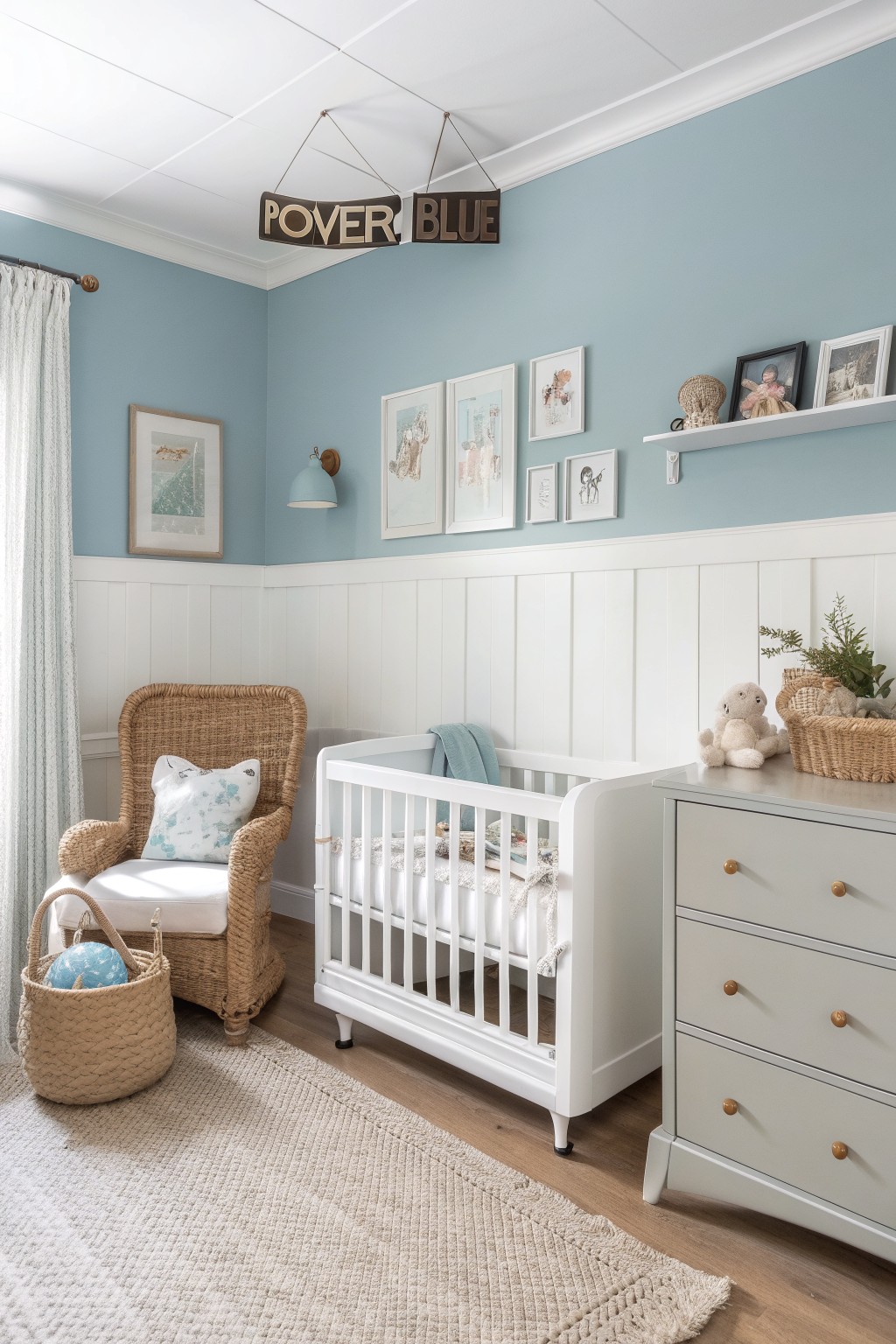 Cozy nursery with soft powder blue walls, white paneled wainscoting, crib, rattan rocking chair, and woven baskets on hardwood floors