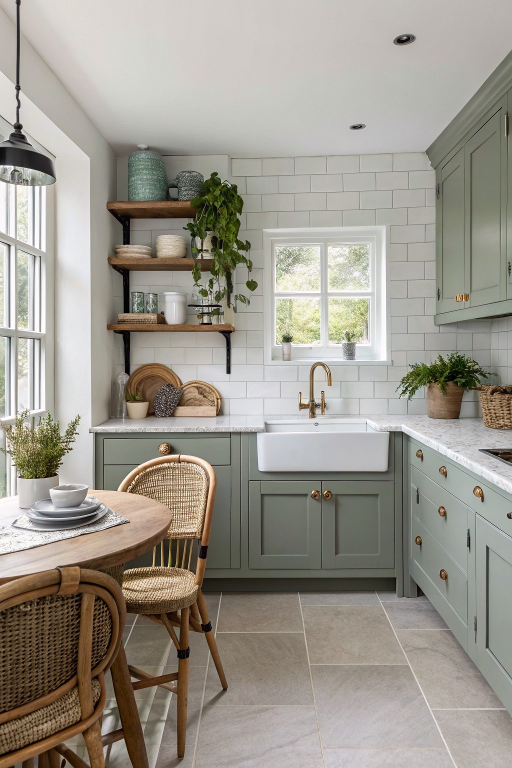Cozy kitchen featuring sage green cabinets, white subway tile backsplash, farmhouse sink, and rattan chairs at a round wood table