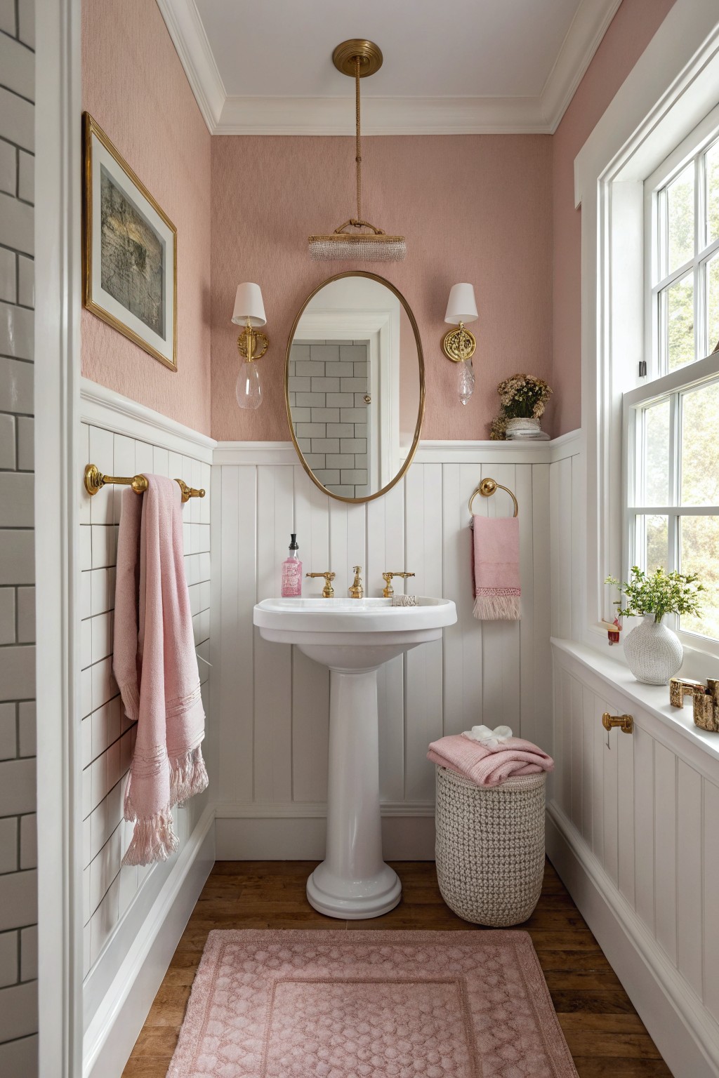 Cozy powder room with blush pink upper walls, white wainscoting, pedestal sink, gold accents, and window light