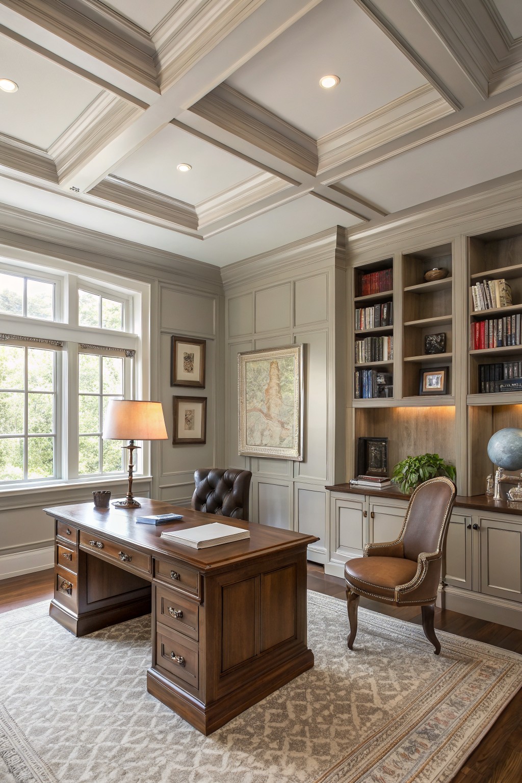 Home office with soft greige walls, wood executive desk, tufted leather chairs, and built-in bookshelves