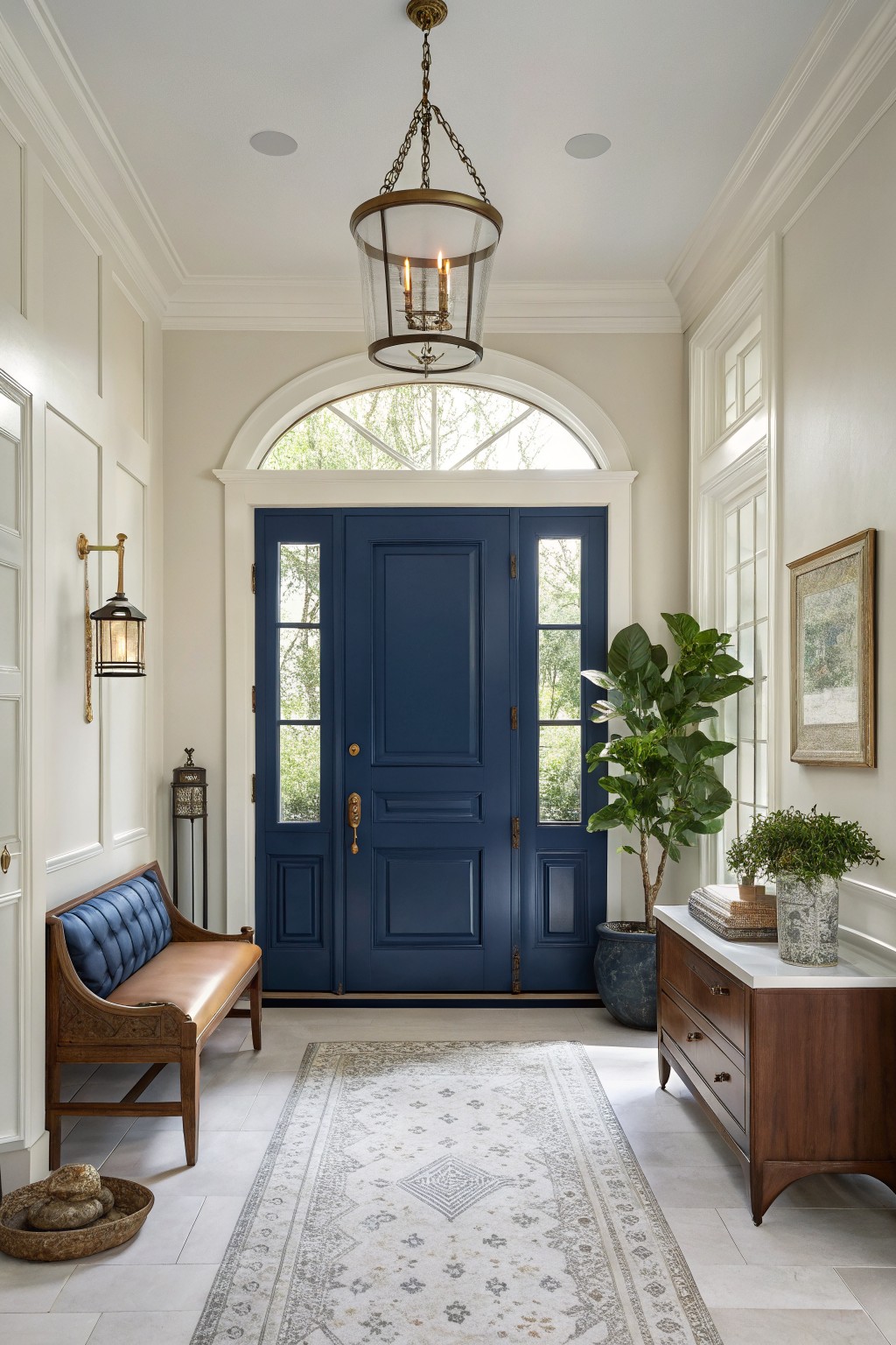 Entryway with soft greige walls, navy double front door, brass lantern chandelier, blue bench, potted plants, and wood console table on light stone floor