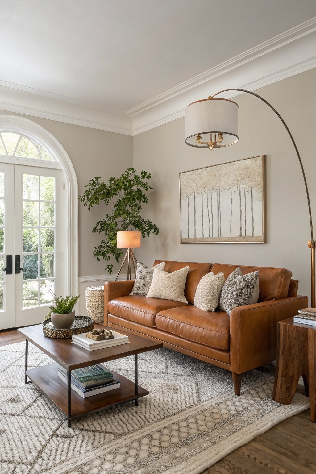 Living room with pale greige walls, tan leather sofa, wood furniture, potted plants, and arched doors to outdoors
