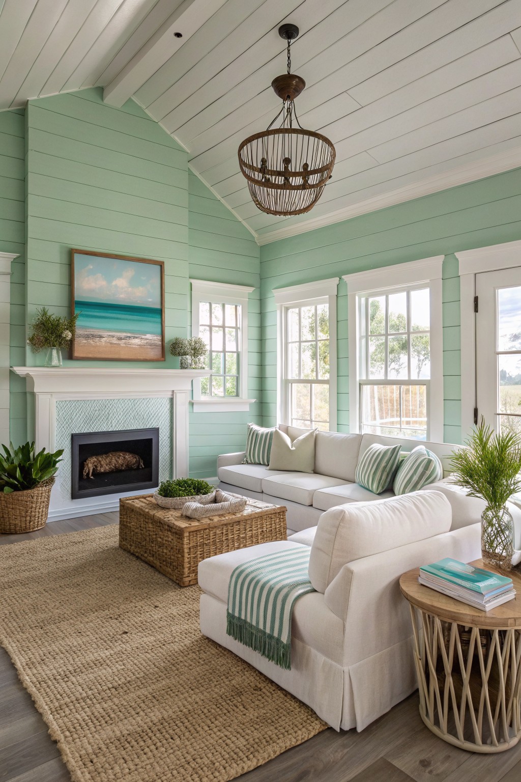 Cozy living room with pale mint green shiplap walls, white sofa, woven furniture, and fireplace