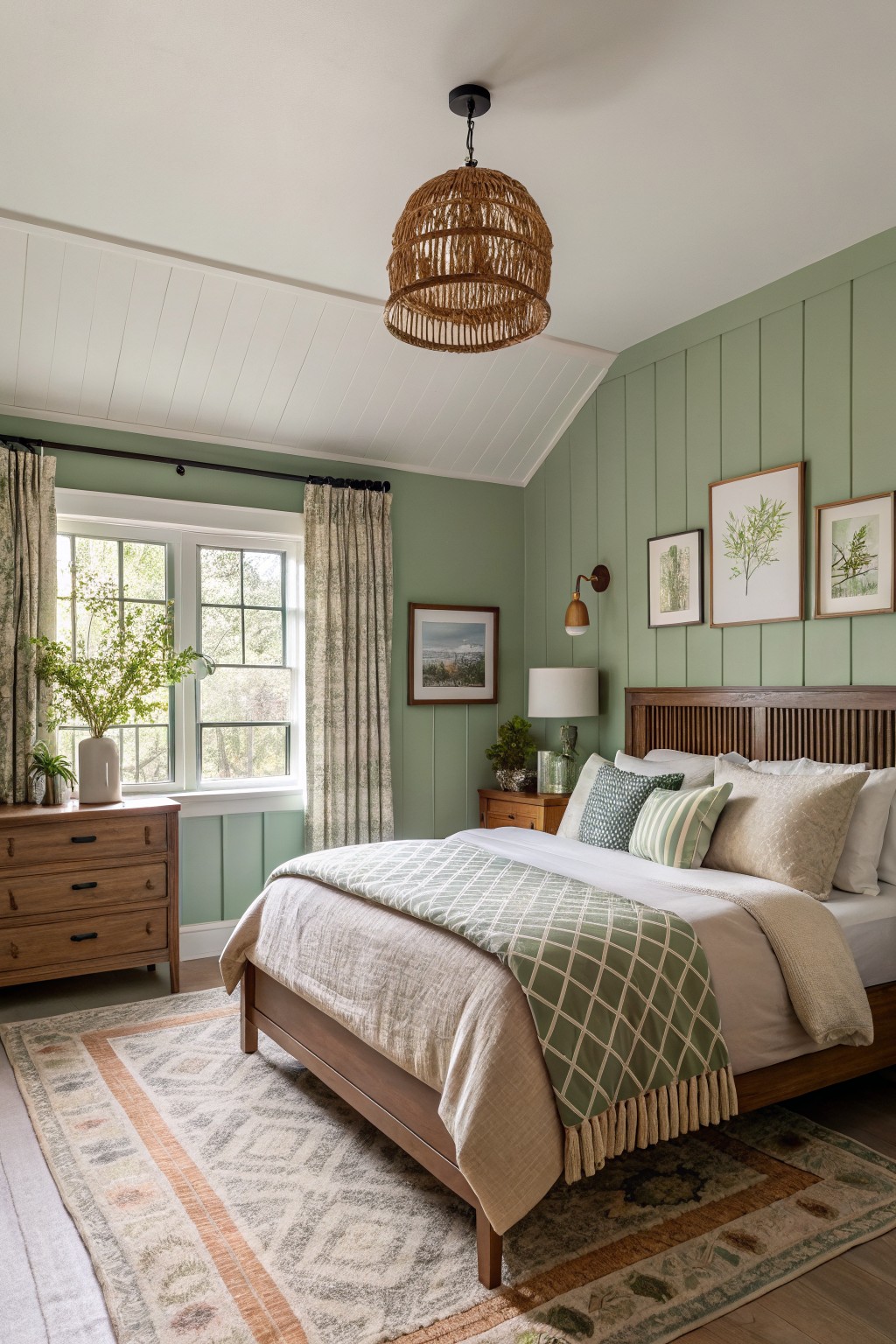 Cozy bedroom with pale sage green shiplap walls, warm wood bed and dresser, rattan pendant light, and layered textiles