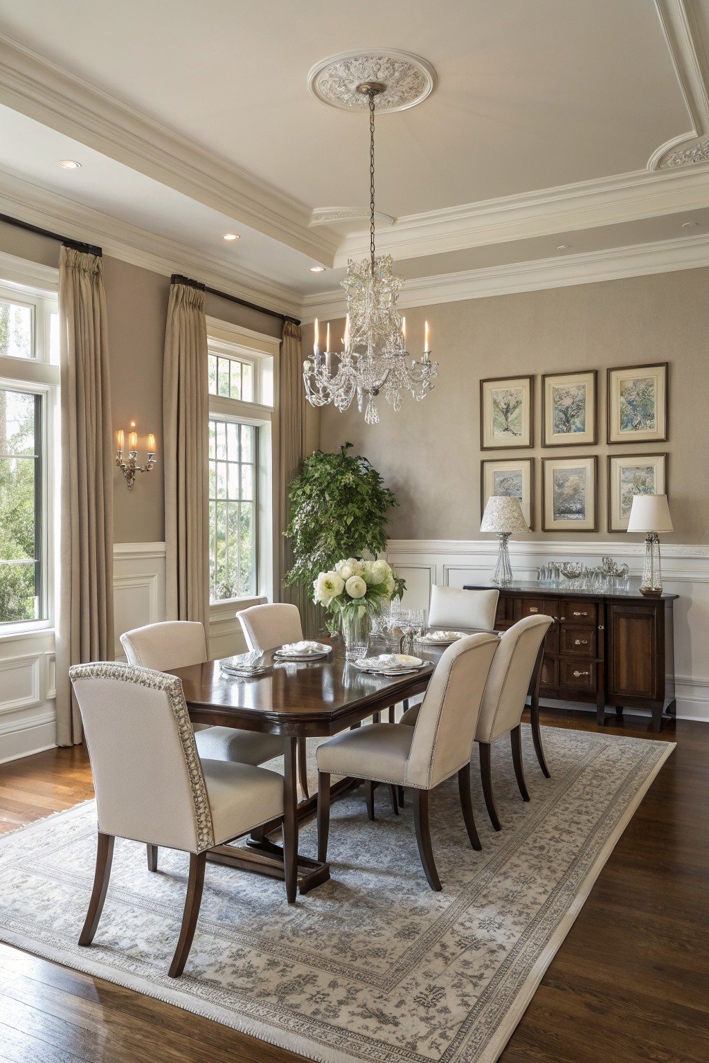 Elegant dining room featuring warm greige walls, a crystal chandelier, dark wood table and buffet, beige upholstered chairs, and large windows with views of greenery