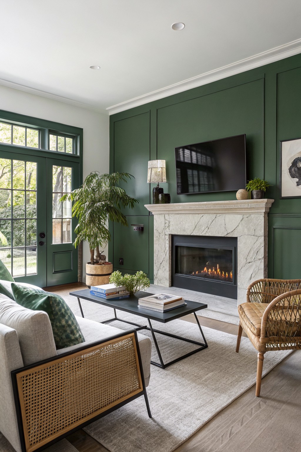 Cozy living room with deep green paneled walls, white marble gas fireplace, black metal coffee table, cane sofa and chair, green throw pillows, plants, TV, and large green-framed doors to yard