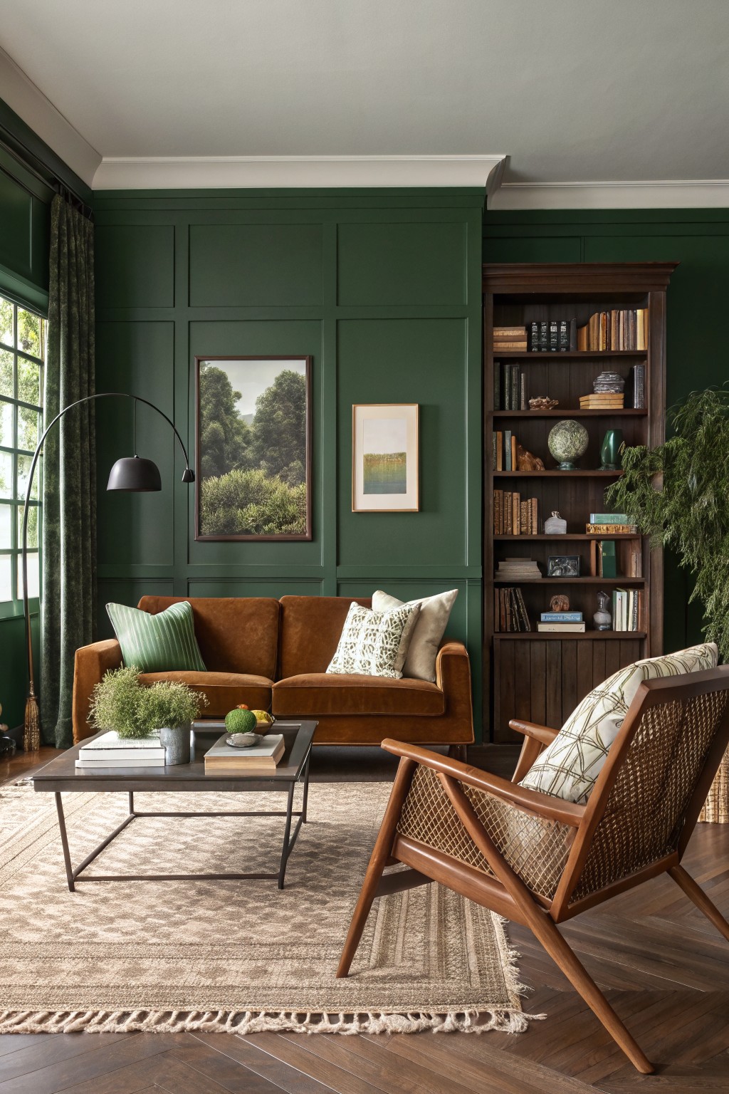 Living room featuring deep green paneled walls, brown velvet sofa with green pillows, wooden bookshelves filled with books and decor, rattan armchair, black metal floor lamp, and neutral rug on hardwood floors